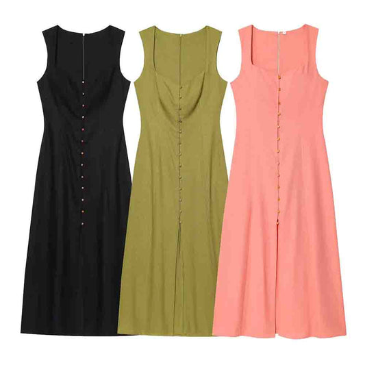 Women's New Fashion Sleeveless Linen Blended Button up Midi Dress