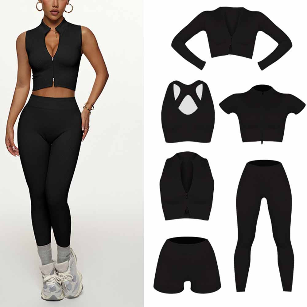 Women's New Fashion Joker Sports Bra Yoga Pants Long-sleeved Jacket Short-sleeved Tight Training Vest Six-piece Yoga Clothes.