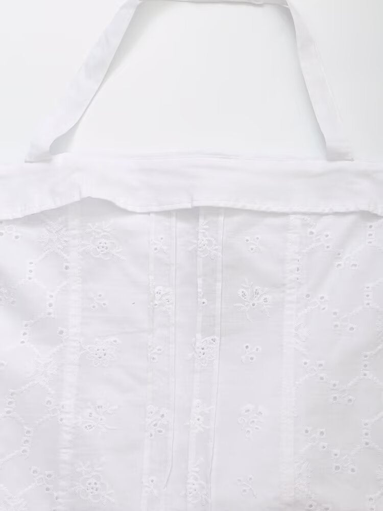 Women's new fashion slim embroidered poplin hanging neck collar top