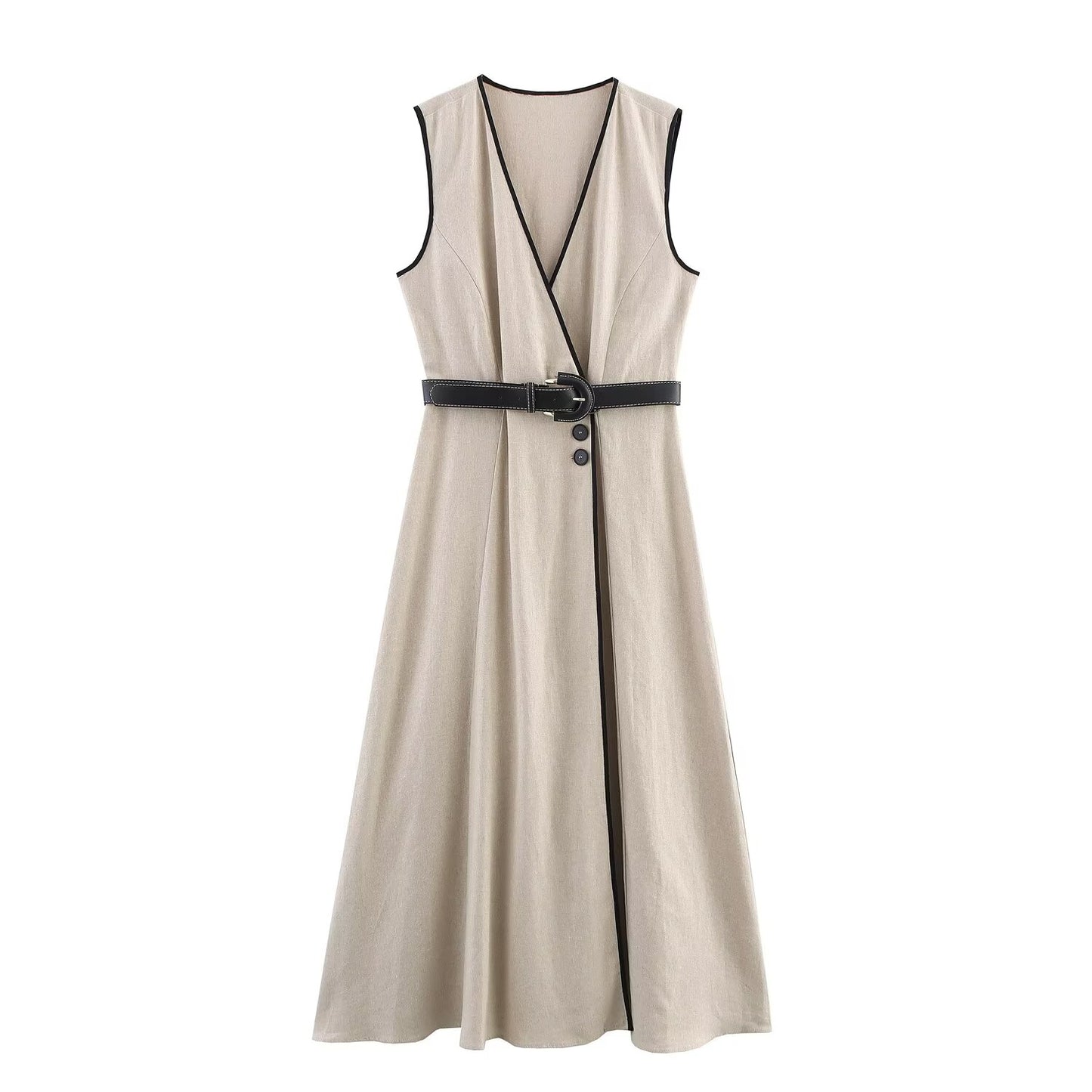 Women's' New Fashion With Belt Sleeveless Linen Blended V-neck Midi Dress