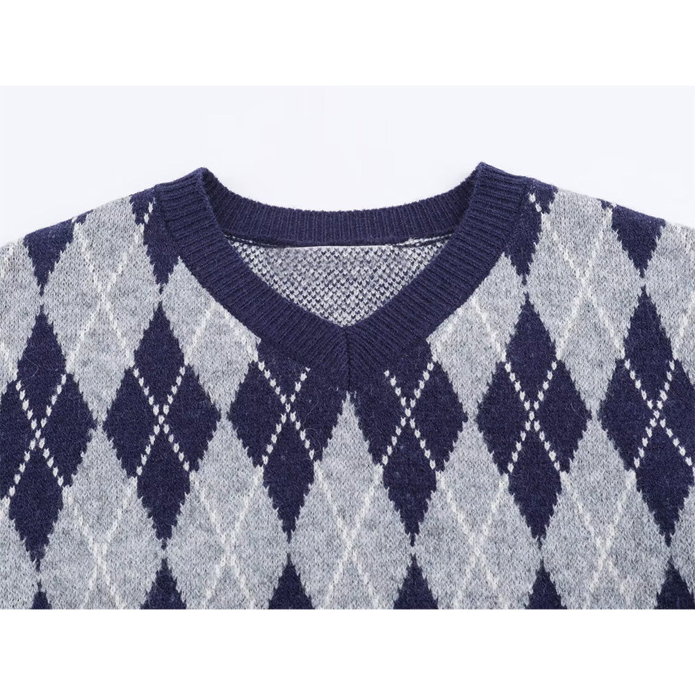 Women's comfortable casual O Neck argyle knitted sweater