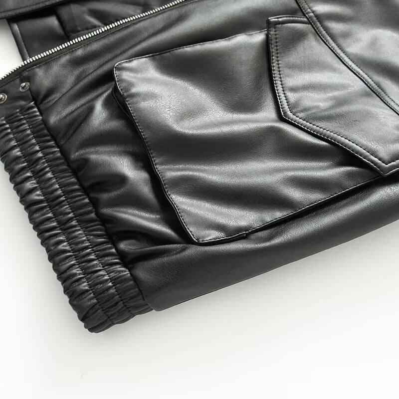 Women's black detachable faux Leather fur collar jacket Coat