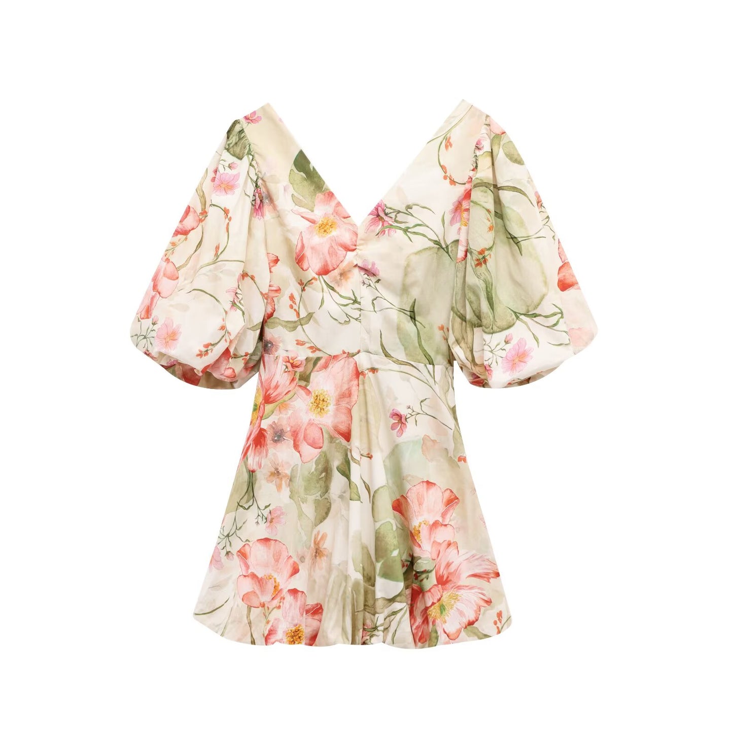 Women's new fashion backless bow decoration print bubble short sleeved mini dress