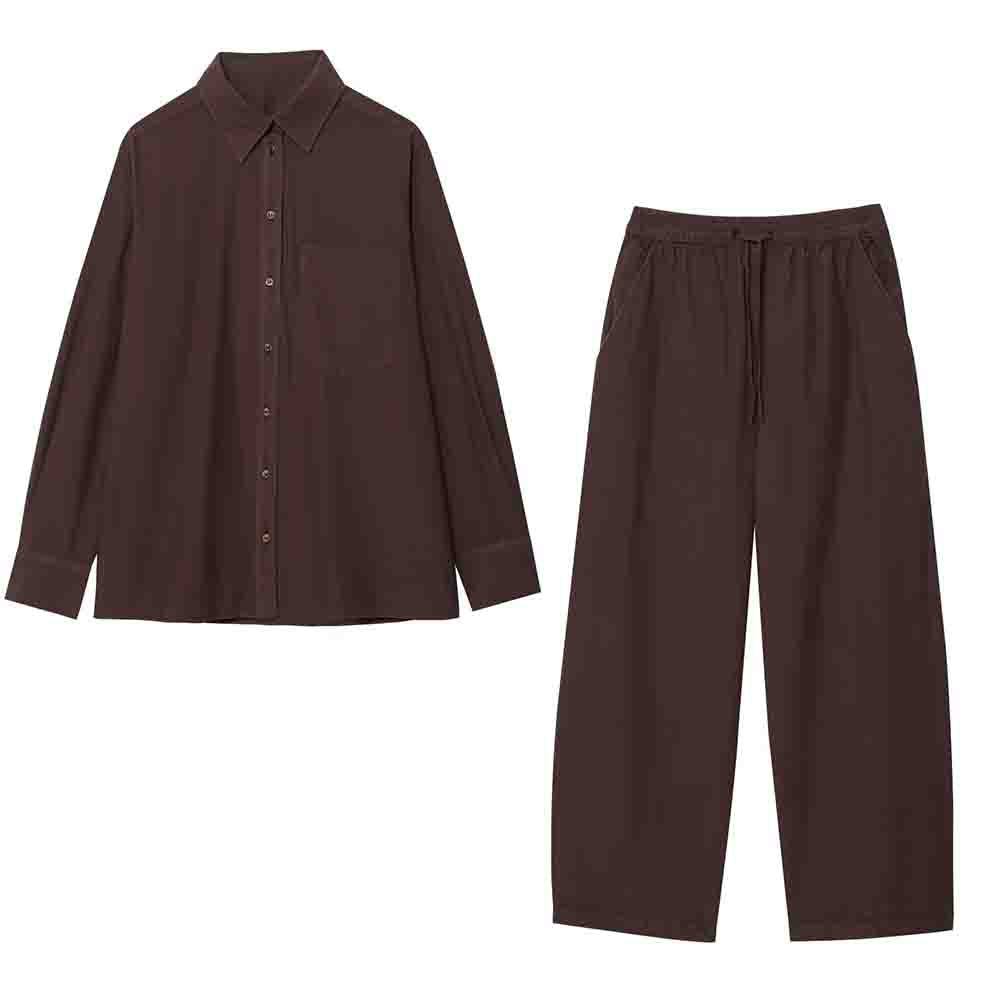 Women's new fashion loose long sleeved poplin button up shirt+Pants suit