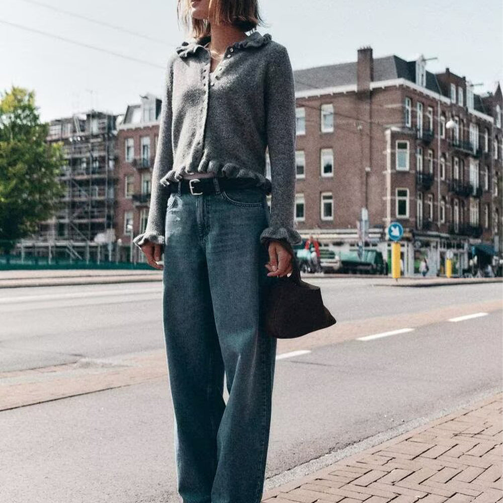 Women's new fashion layered decoration lapel long sleeved knitted cardigan