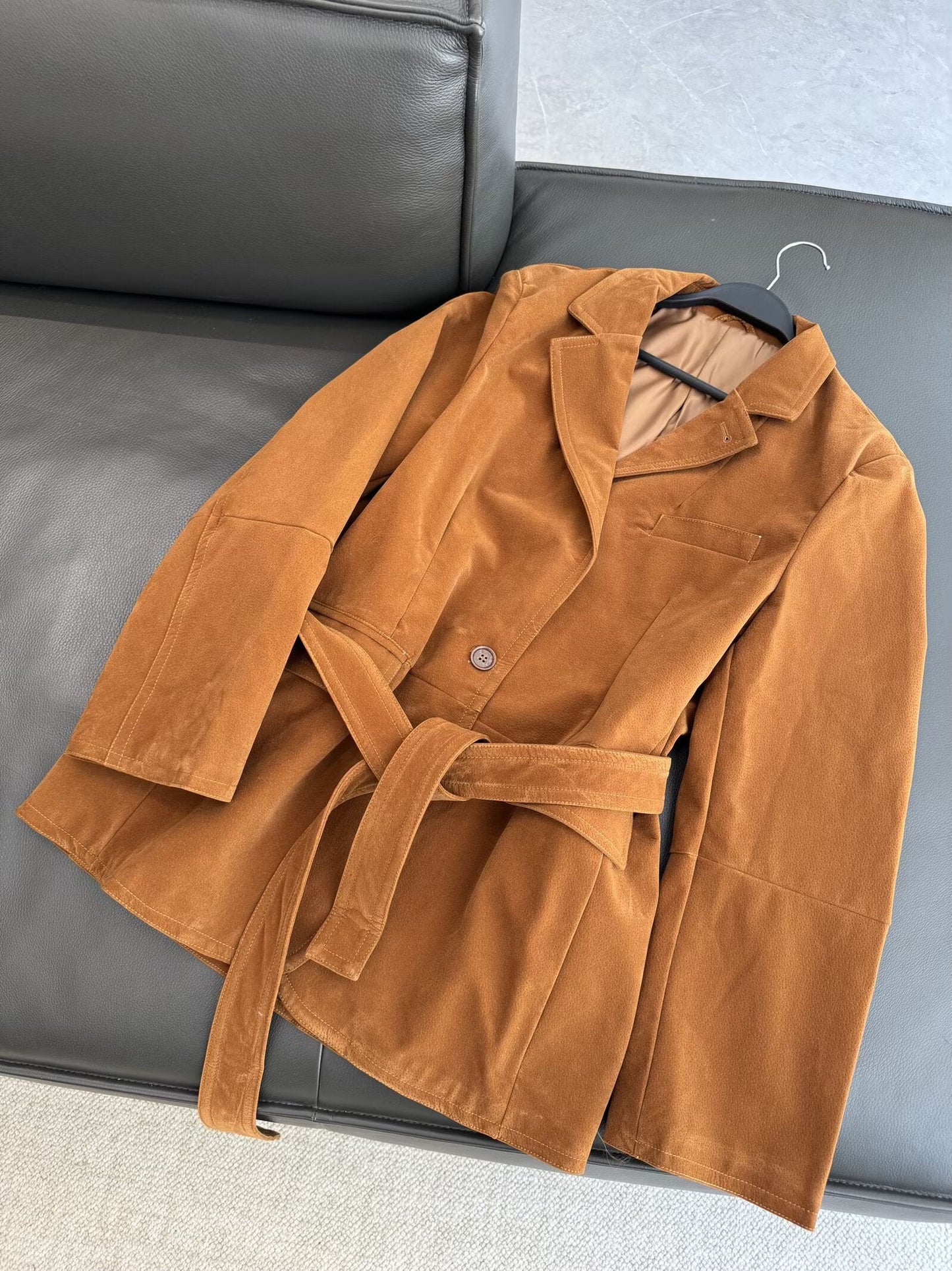 Women's 2025 new fashion with Belt loose suede suit jacket