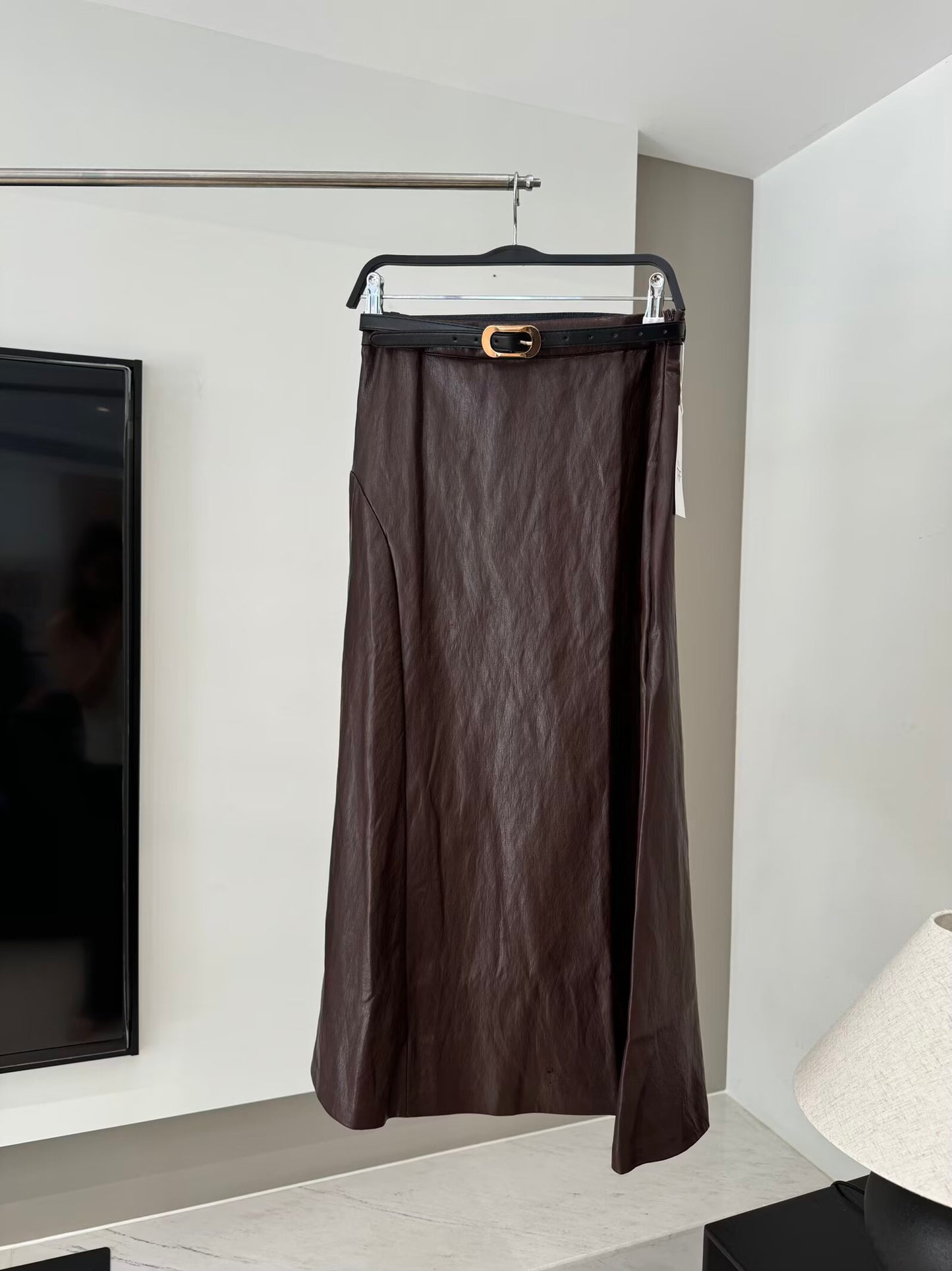 Women's New Fashion With Belt Casual Leather Effect Midi Skirt