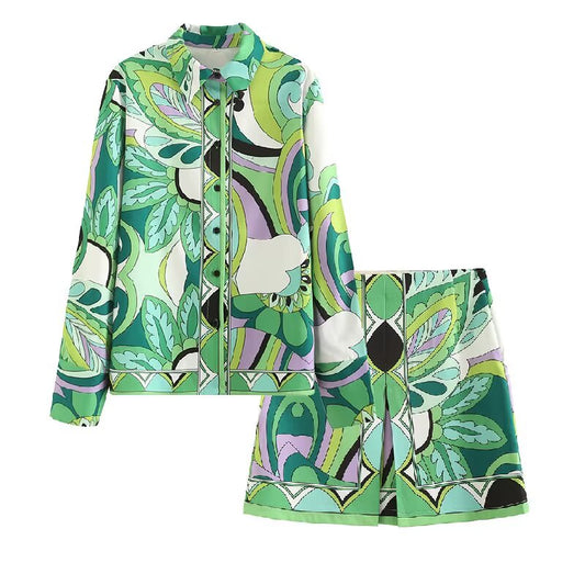 Women's new fashion loose single breasted printed long sleeved shirt+Skirt suit