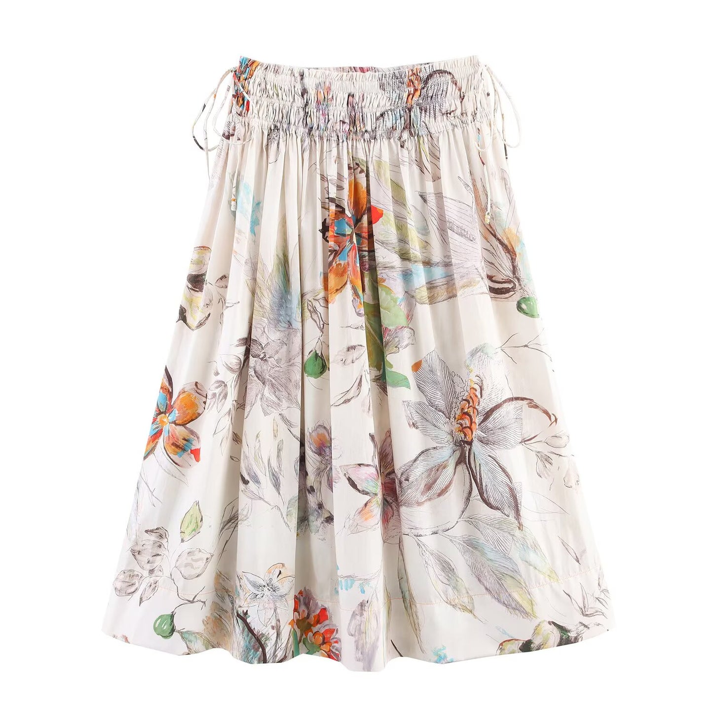 Women's new fashion elastic waist drawstring printed pleated MIDI skirt