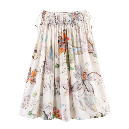 Women's new fashion elastic waist drawstring printed pleated MIDI skirt
