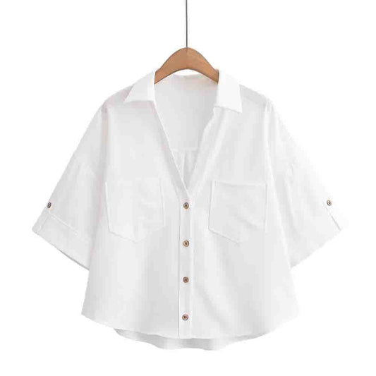 Women's New Fashion Short sleeved Single breasted Blended V-neck Shirt