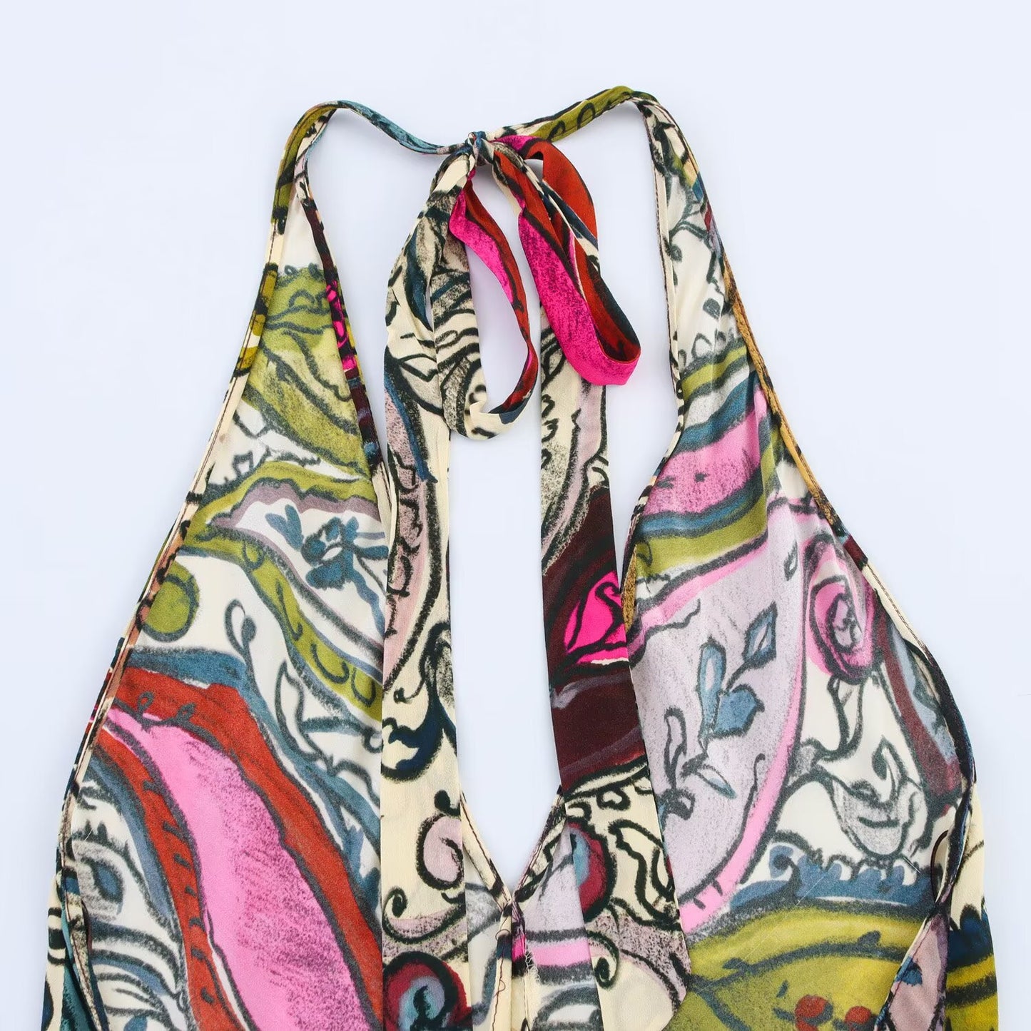 Women's new chic Fashion slim draped print hanging neck MIDI dress retro sleeveless backless women's dress