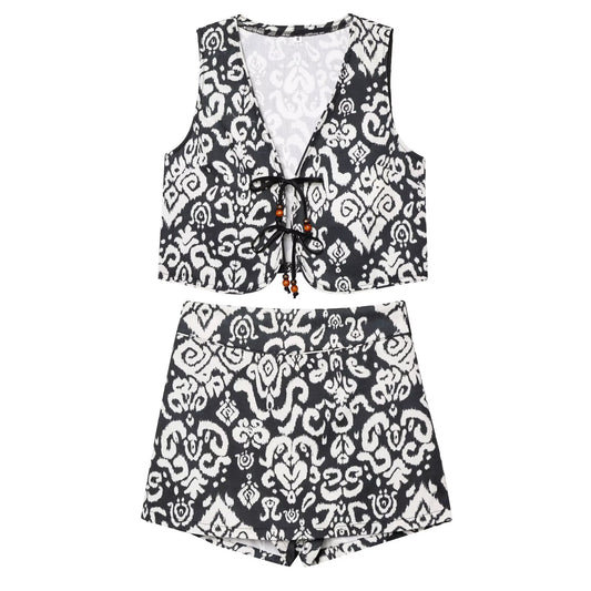 Women's new fashion bow Lace up decoration print V-neck vest+Shorts Skirts suit