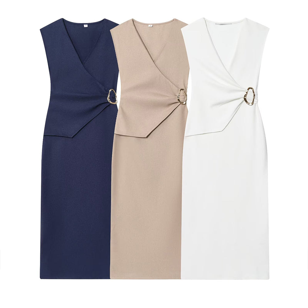 Women's 2025 new fashion pleated V-neck Twill Midi dress