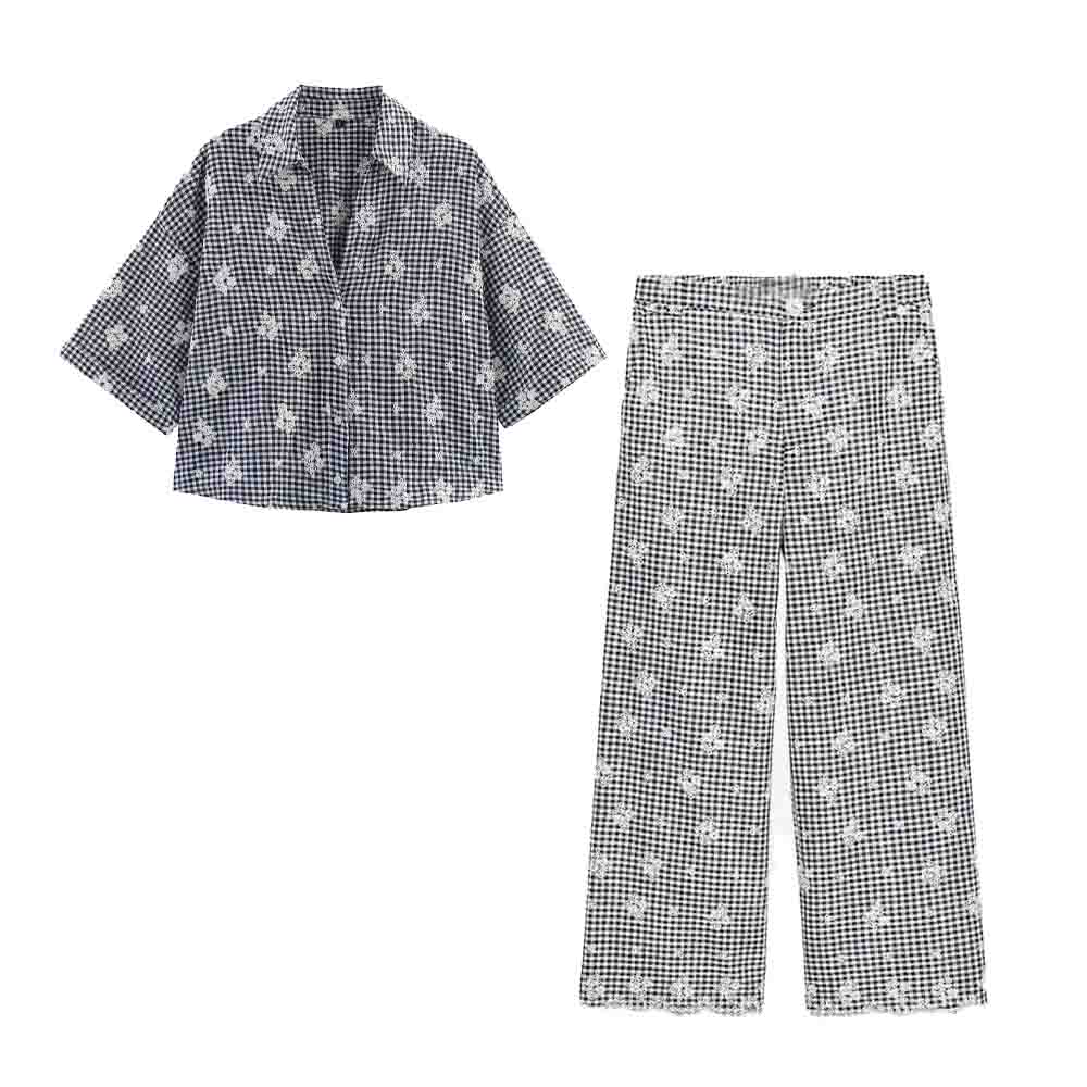 Women's new fashion short sleeved embroidered Plaid shirt+Pants suit