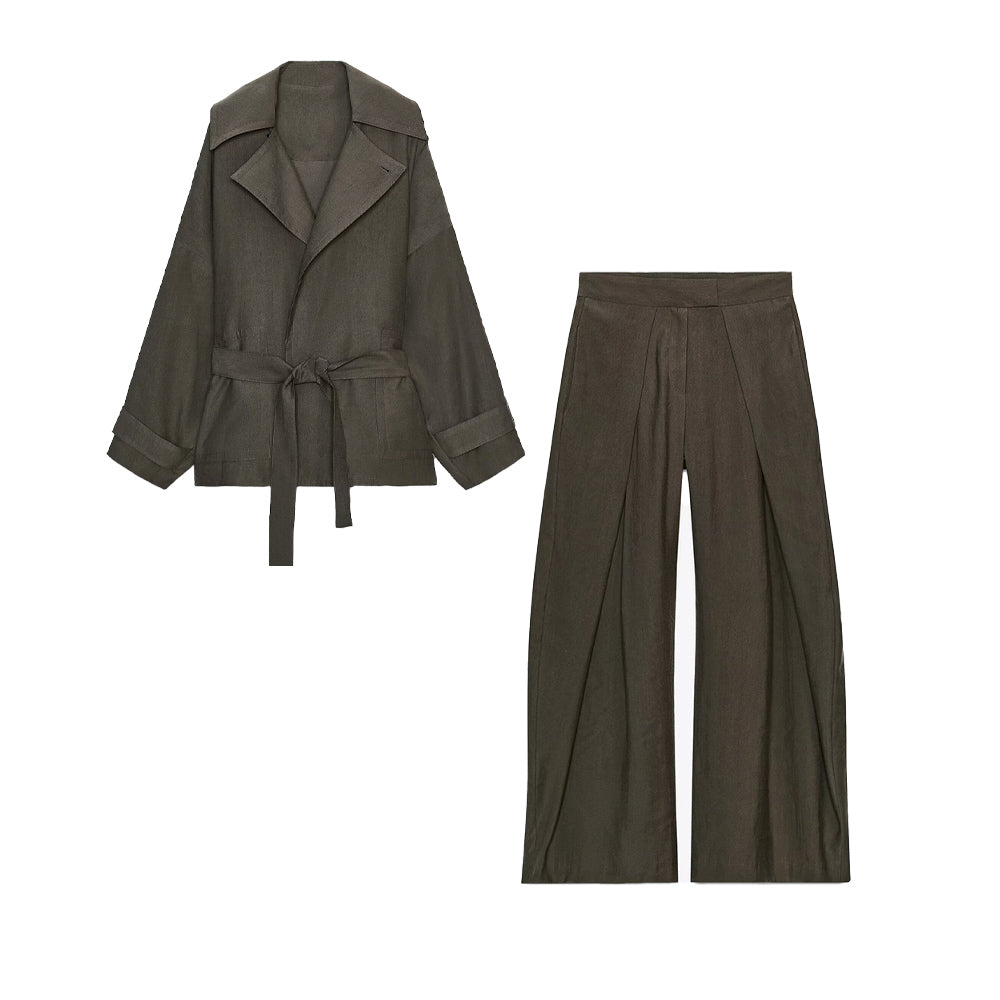 Women's New Fashion With Belt Loose Button-up Lapel Coat+Pants Suit