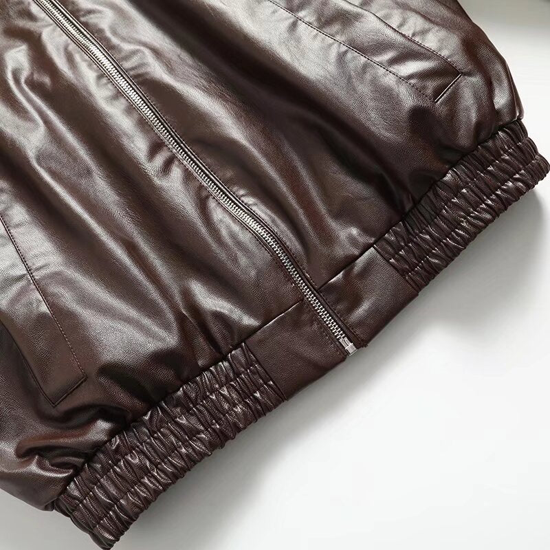 Women's new fashion casual lapel faux leather flight jacket Coat