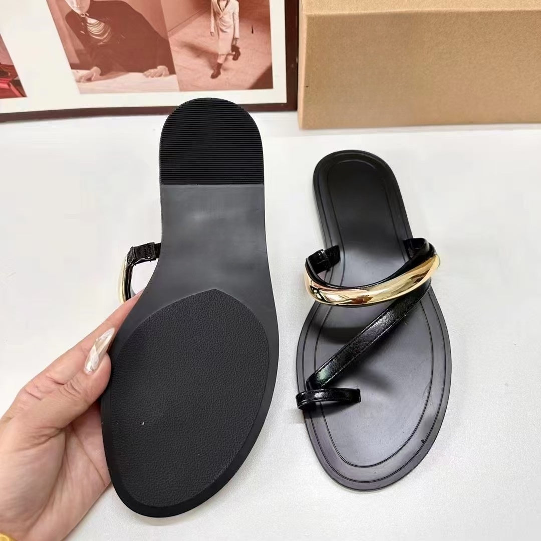 Women's New Toe-set Metal Sandals and Slippers Flat-bottomed Non-slip Soft-soled Sandals