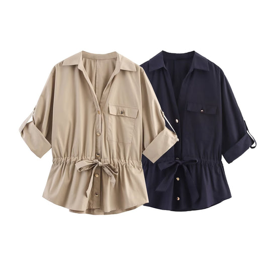 Women's New Fashion With Belt Casual Single breasted Poplin Shirt