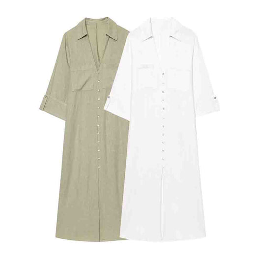 Women's new fashion buckle decoration loose linen blend shirt style MIDI dress