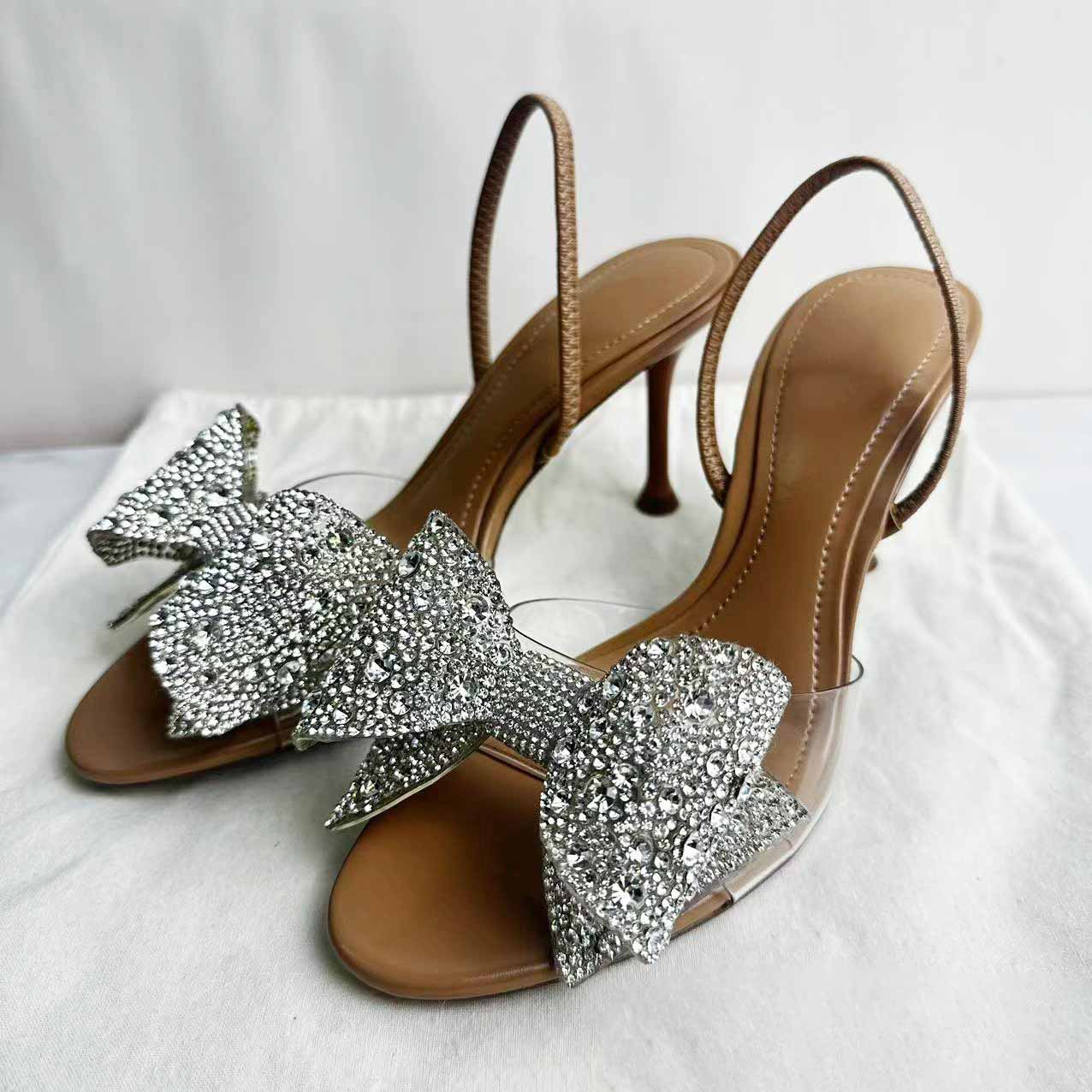 Women's New Fashion Rhinestone Bow Decorated with Transparent Plastic High-heeled Sandals and Open-toed Sandals.