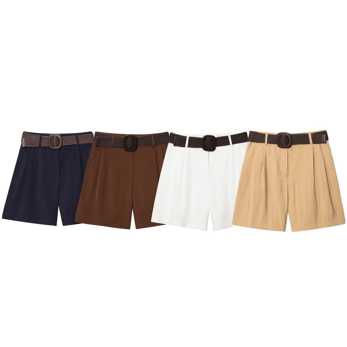 Women's new fashion with Belt casual side pocket high waist pleated shorts