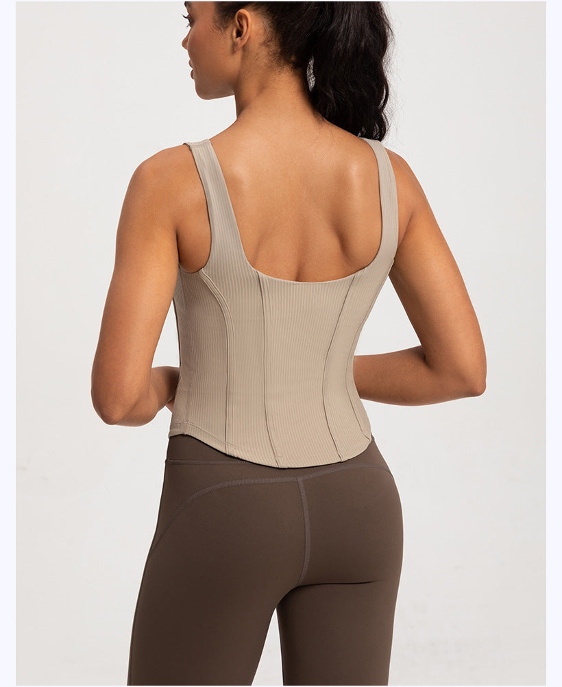 LU Women's Yoga Vest One-piece Slim Abdominal Waist Fitness Rib Top with Chest Cushion