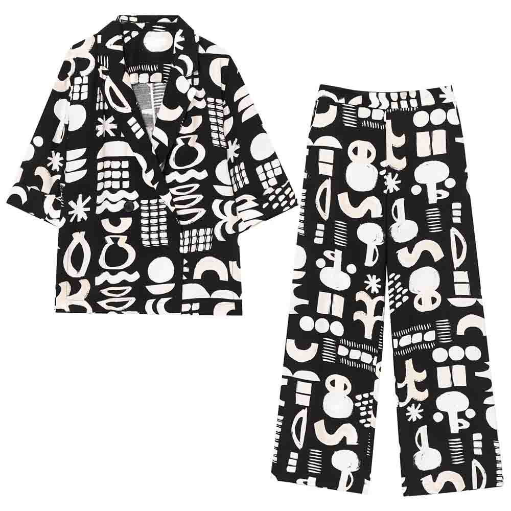 Ladies' new fashion double breasted printed suit jacket vintage short sleeved women's jacket chic top+Pants Women's suit