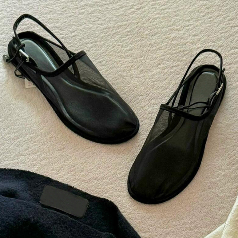 Women's 2025 Summer New Mesh Fabric Mesh Shoes Round Head Breathable Flat-bottomed Slippers and Sandals.