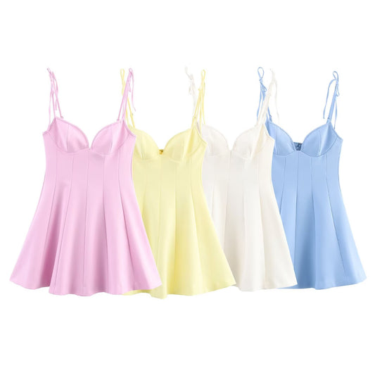 Women's new fashion bow shoulder strap slim wide swing mini dress