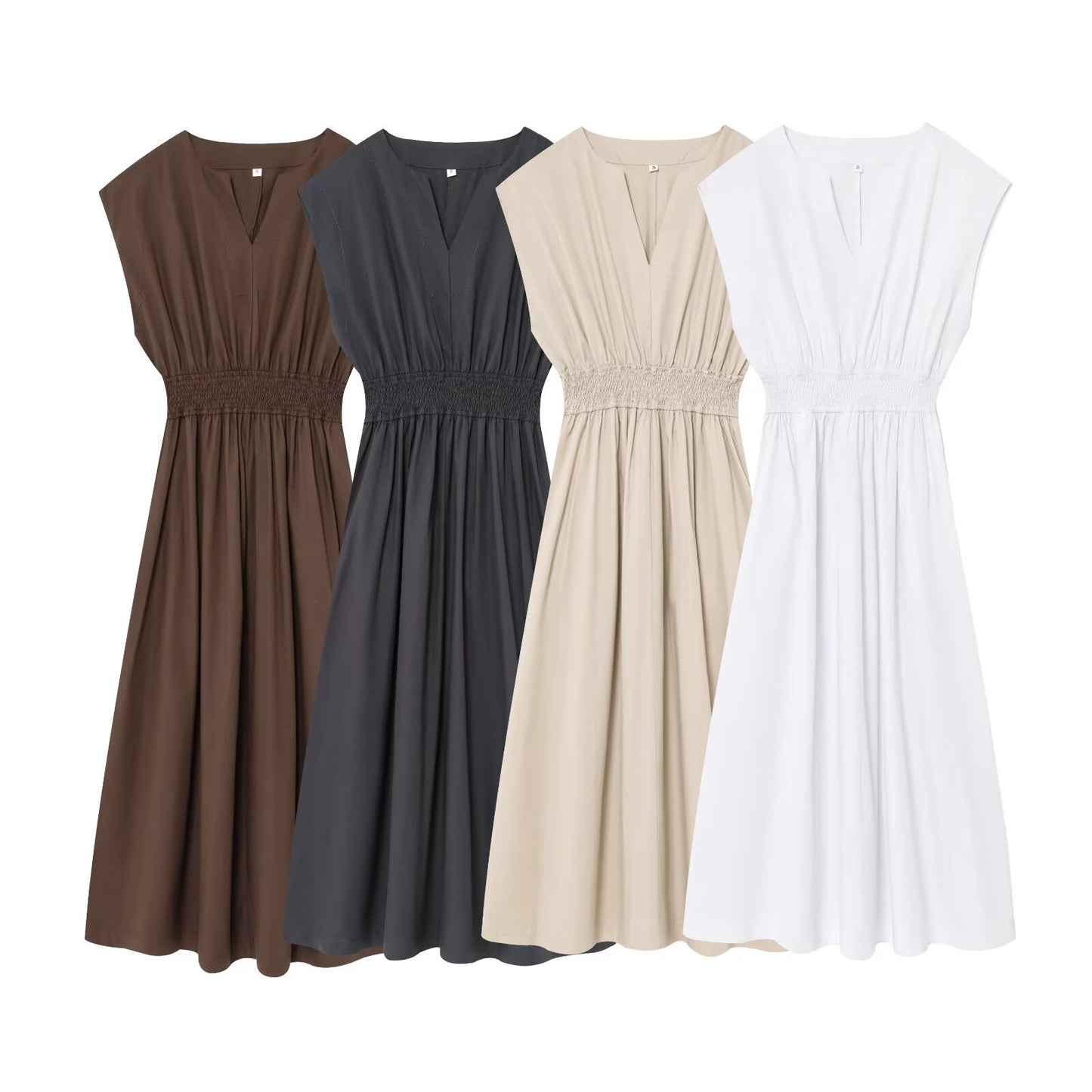 Women's new fashion pleated decoration casual V-neck sleeveless MIDI dress