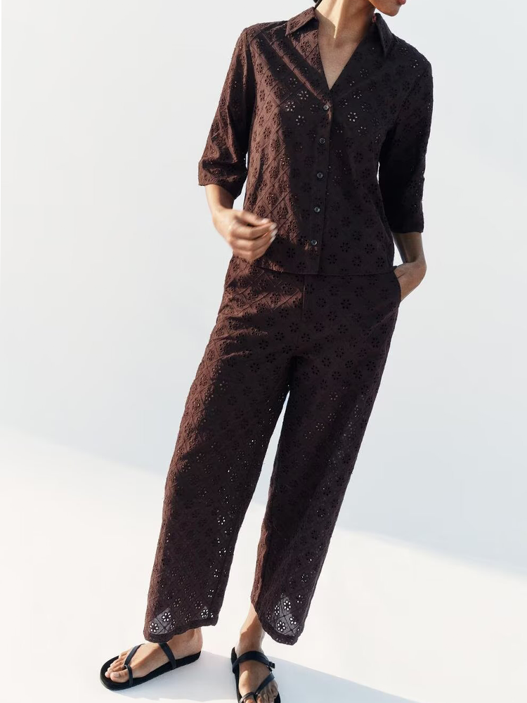 suit Women's 2 pieces hollowed out embroidered shirt+Pants+Skirts
