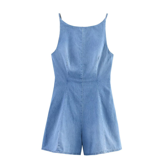 Women's new fashion sleeveless backless denim short jumpsuit