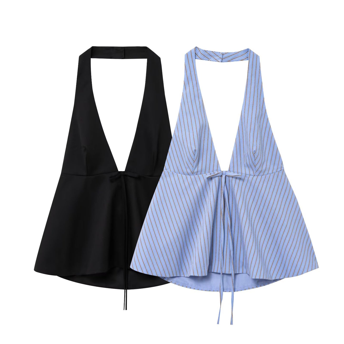Women's new fashion bow decoration striped hanging neck collar backless top