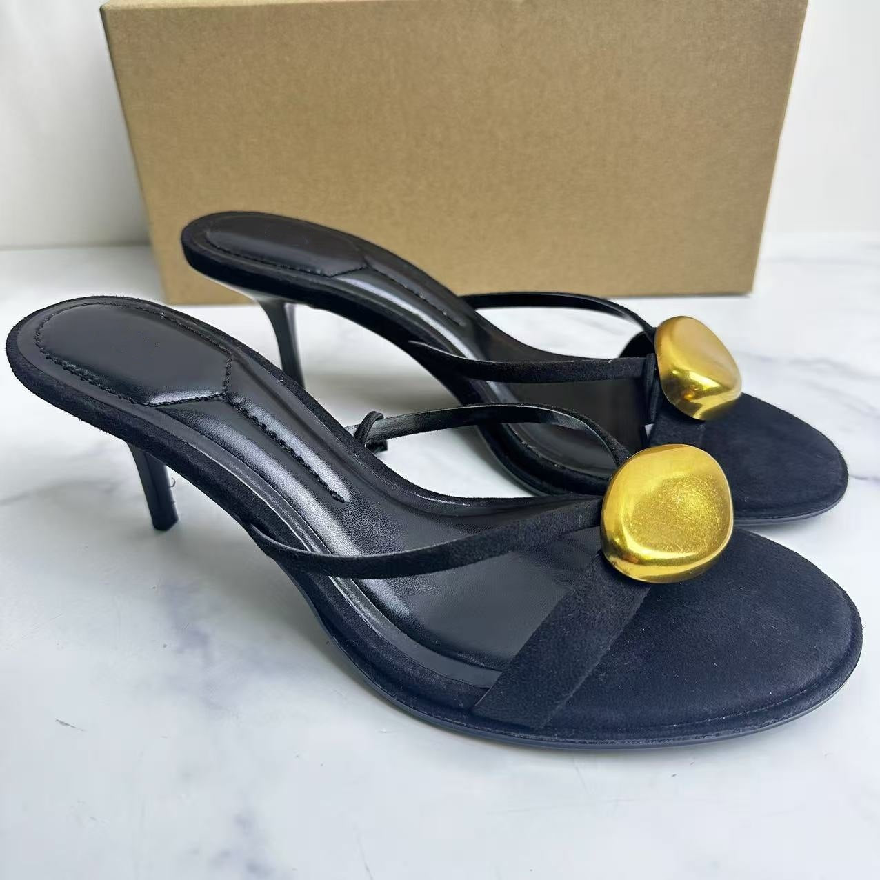 Women's New Fashion Black Metal Details with Round Head and Thin High Heels Elegant Fashion Sandals.