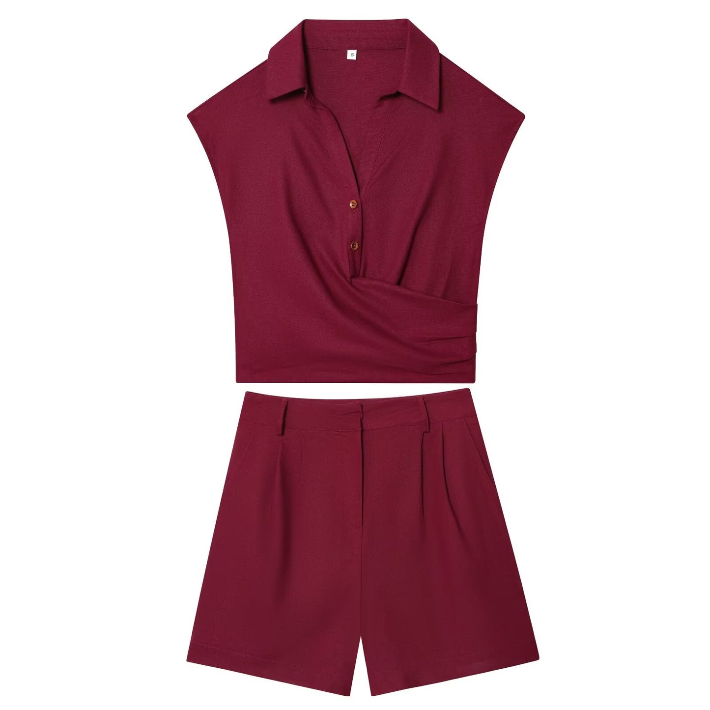 Women's 2025 new fashion linen blend sleeveless pleated top+shorts suit