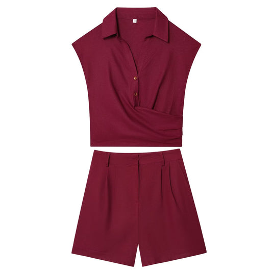 Women's 2025 new fashion linen blend sleeveless pleated top+shorts suit