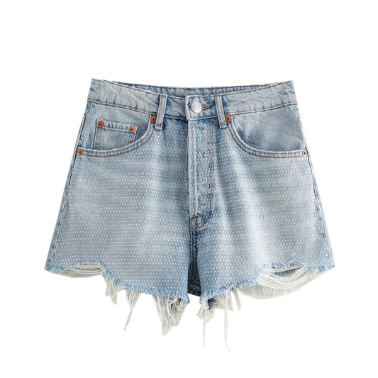 Women's new fashion rhinestone decoration casual high waisted denim shorts