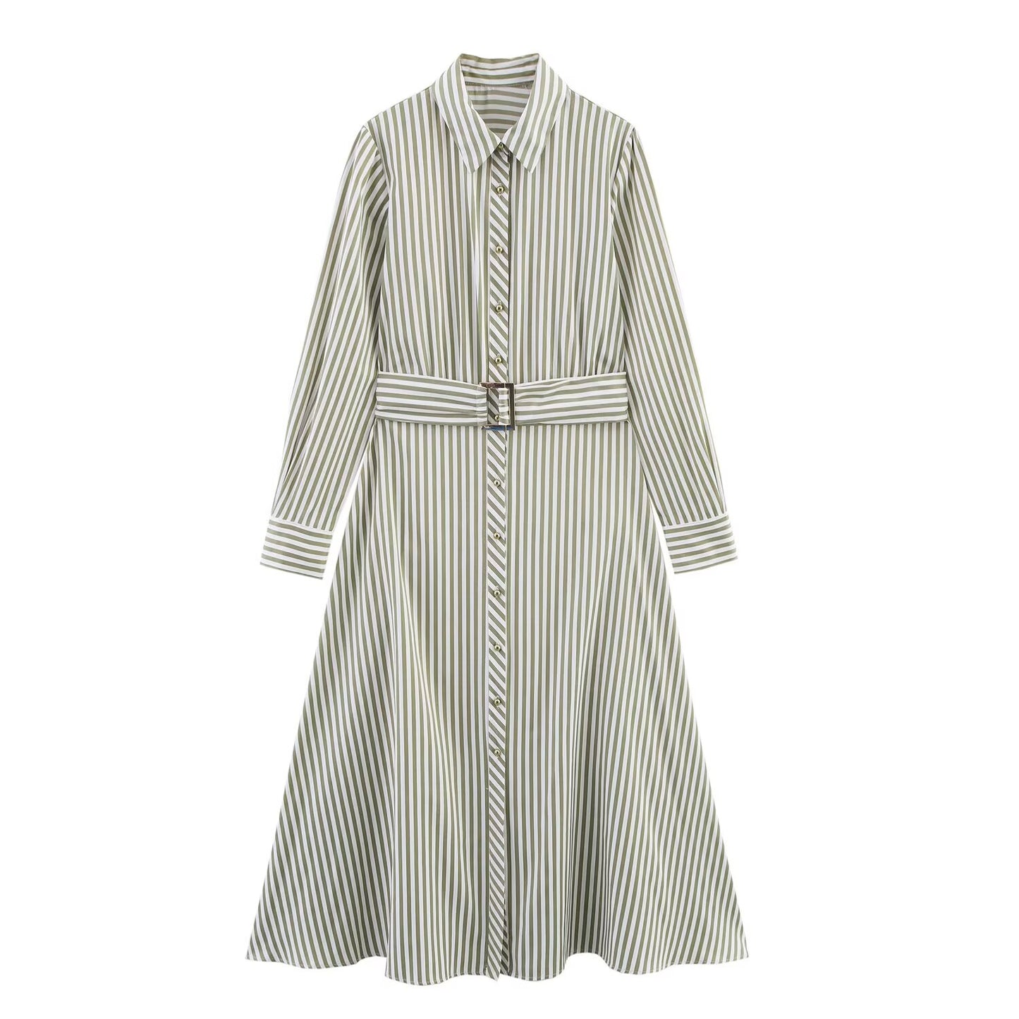 Women's New Fashion With Belt Casual Single breasted Striped Shirt Style Poplin Midi Dress Retro Long sleeved Women's Dress