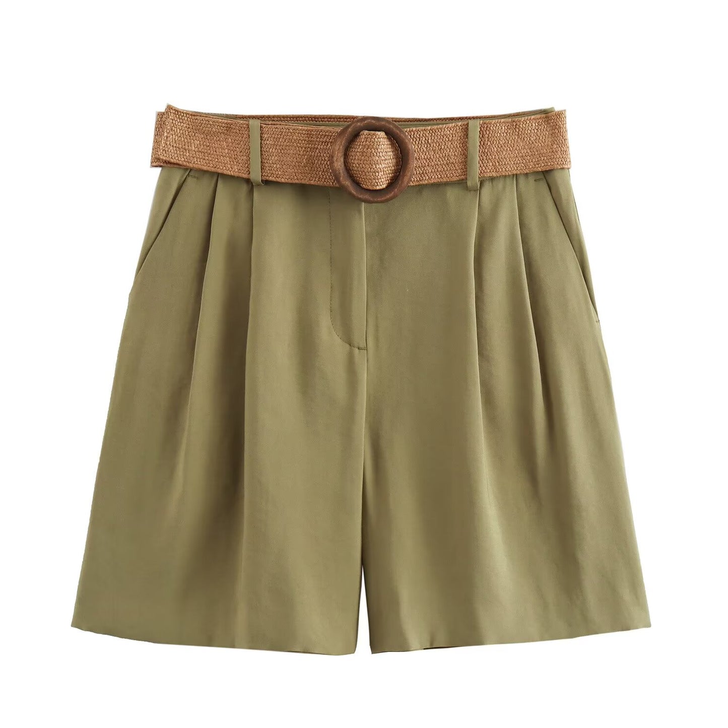 Women's' new fashion with Belt loose side pocket casual pleated shorts