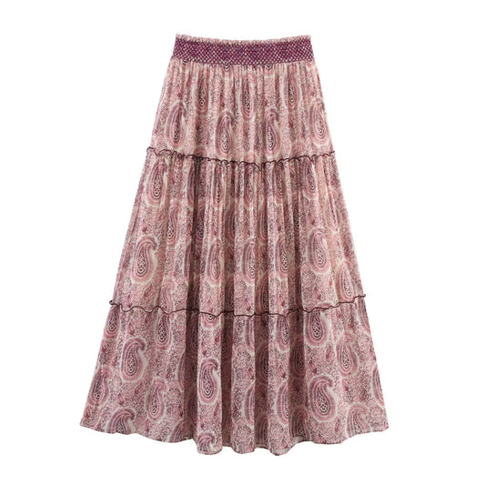 Women's new chic Fashion loose casual versatile pleated printed Midi skirt retro elastic waist women's skirt