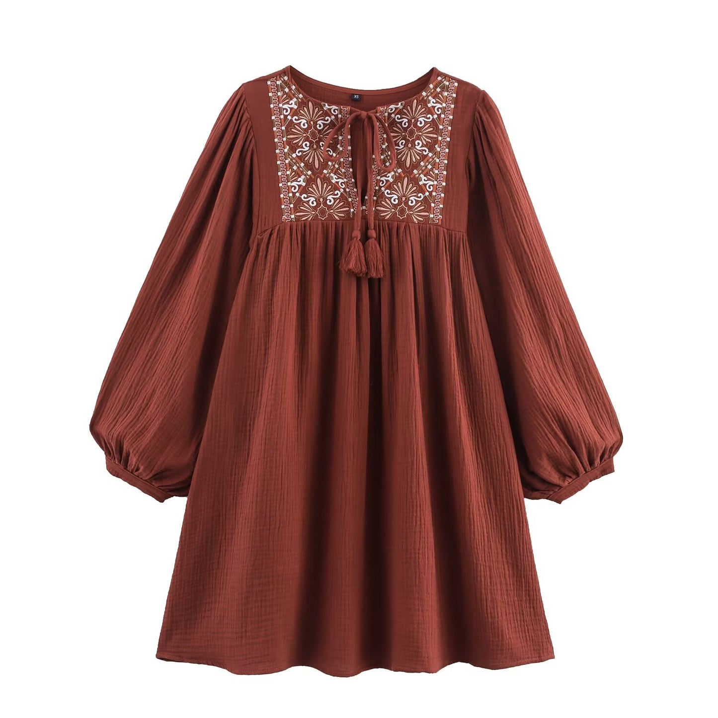 Women's new fashion loose long sleeved lace up embroidered mini dress