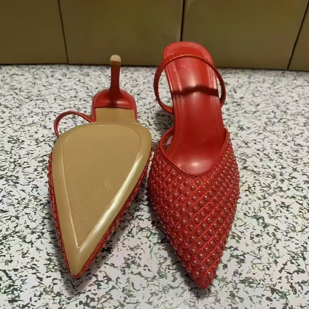 Women's New Fashion Joker Hollow Rhinestone Decorative Pointed Stiletto Sandals.