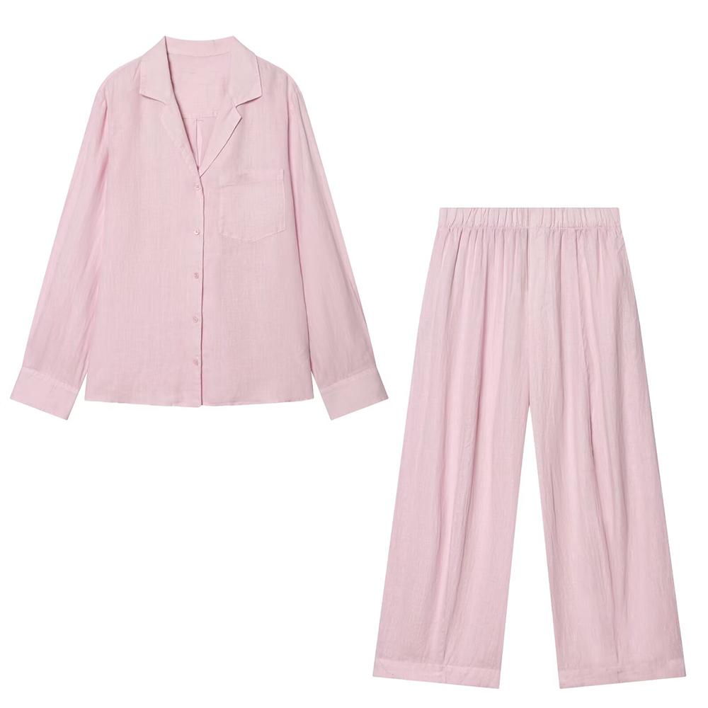 suit Women's 2 pieces pocket decoration linen blend shirt+Pants