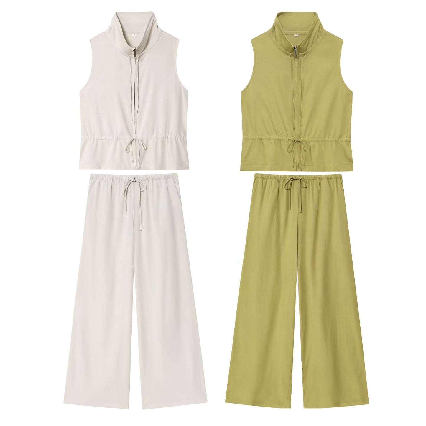 Women's new fashion with drawstring sleeveless stand collar vest+Pants suit