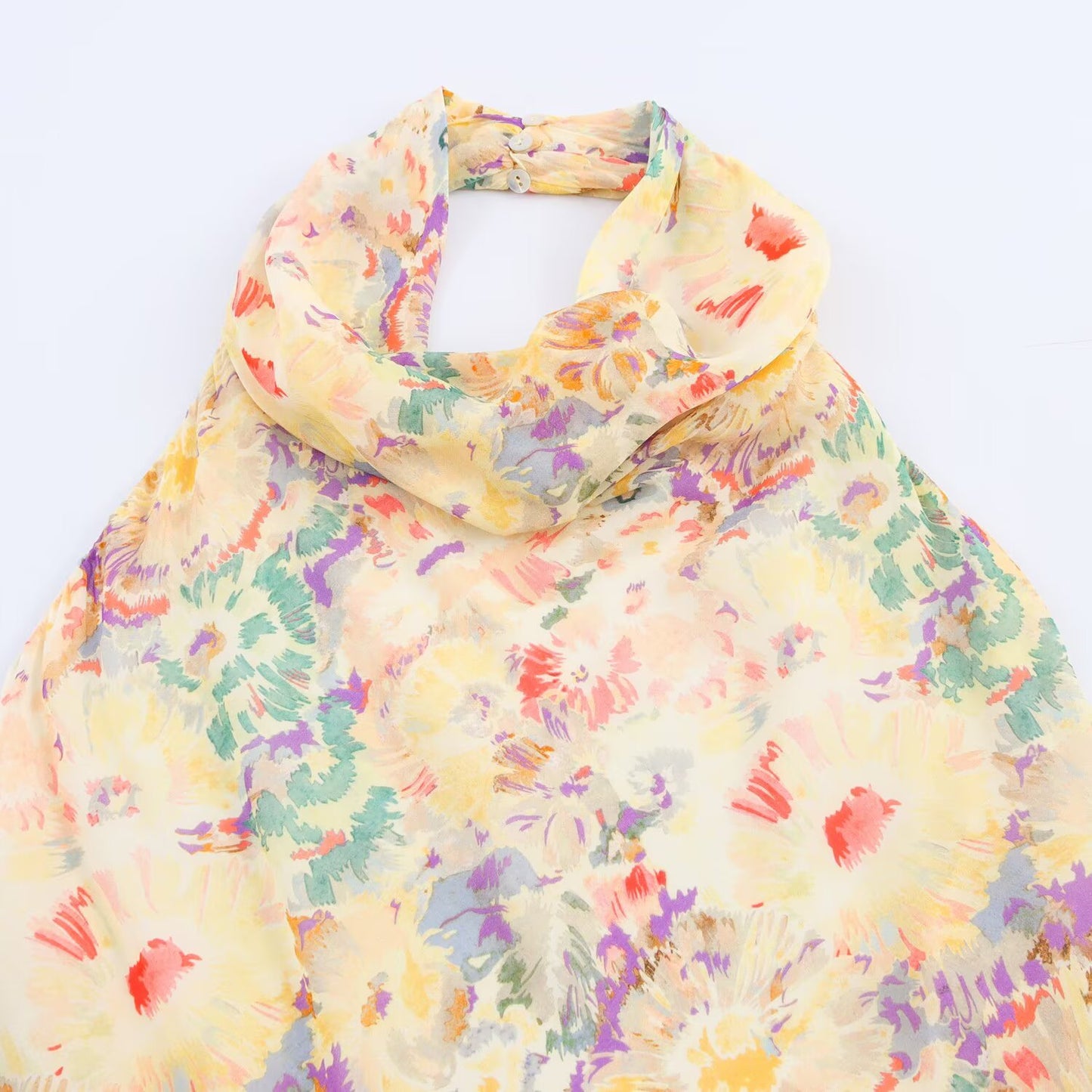 Women's new fashion flower print sleeveless hanging neck Midi Dress