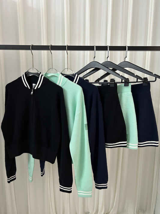 Women's new versatile contrast color baseball collar long sleeve show skirt suit