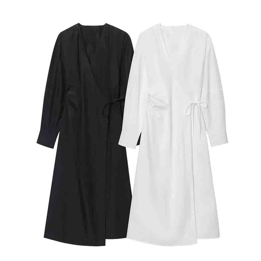 women's new fashion cotton V-neck wrapped shirt style MIDI dress
