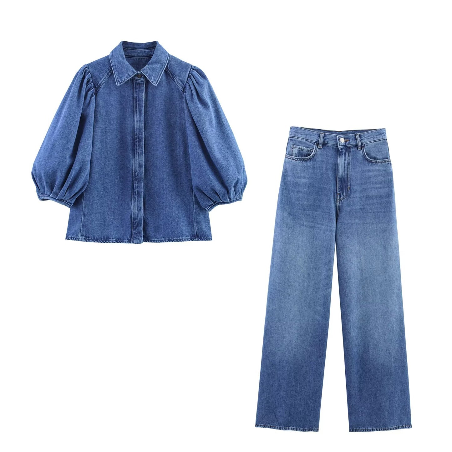 Women's' New Fashion bubble short sleeved casual Button-up denim shirt+Jeans Women's suit
