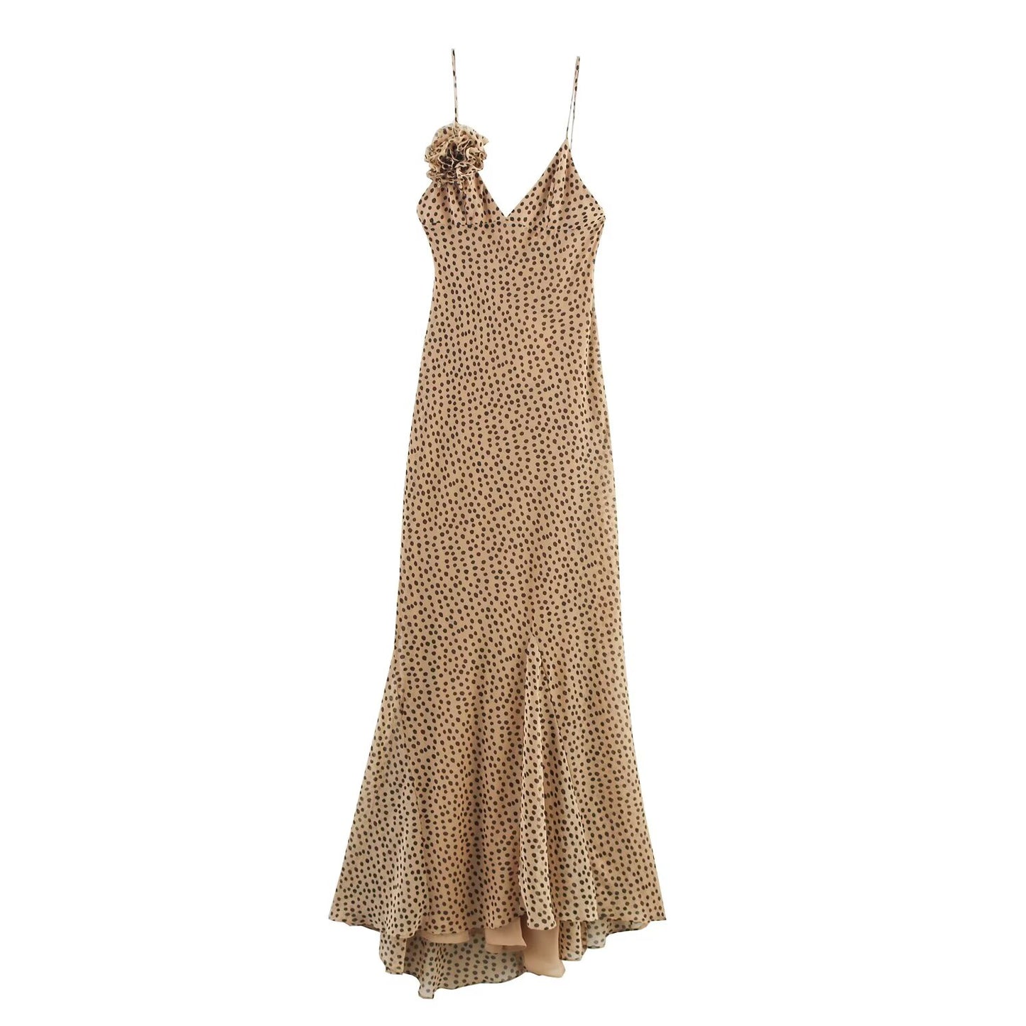 Women's new fashion flower decoration polka dot print suspender MIDI dress